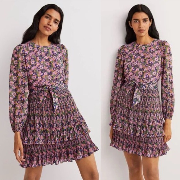 Boden Dresses & Skirts - Boden The Plisse Mini Dress Tiered Skirt Chiffon Long Sleeve Ruffles Pink Sz 4